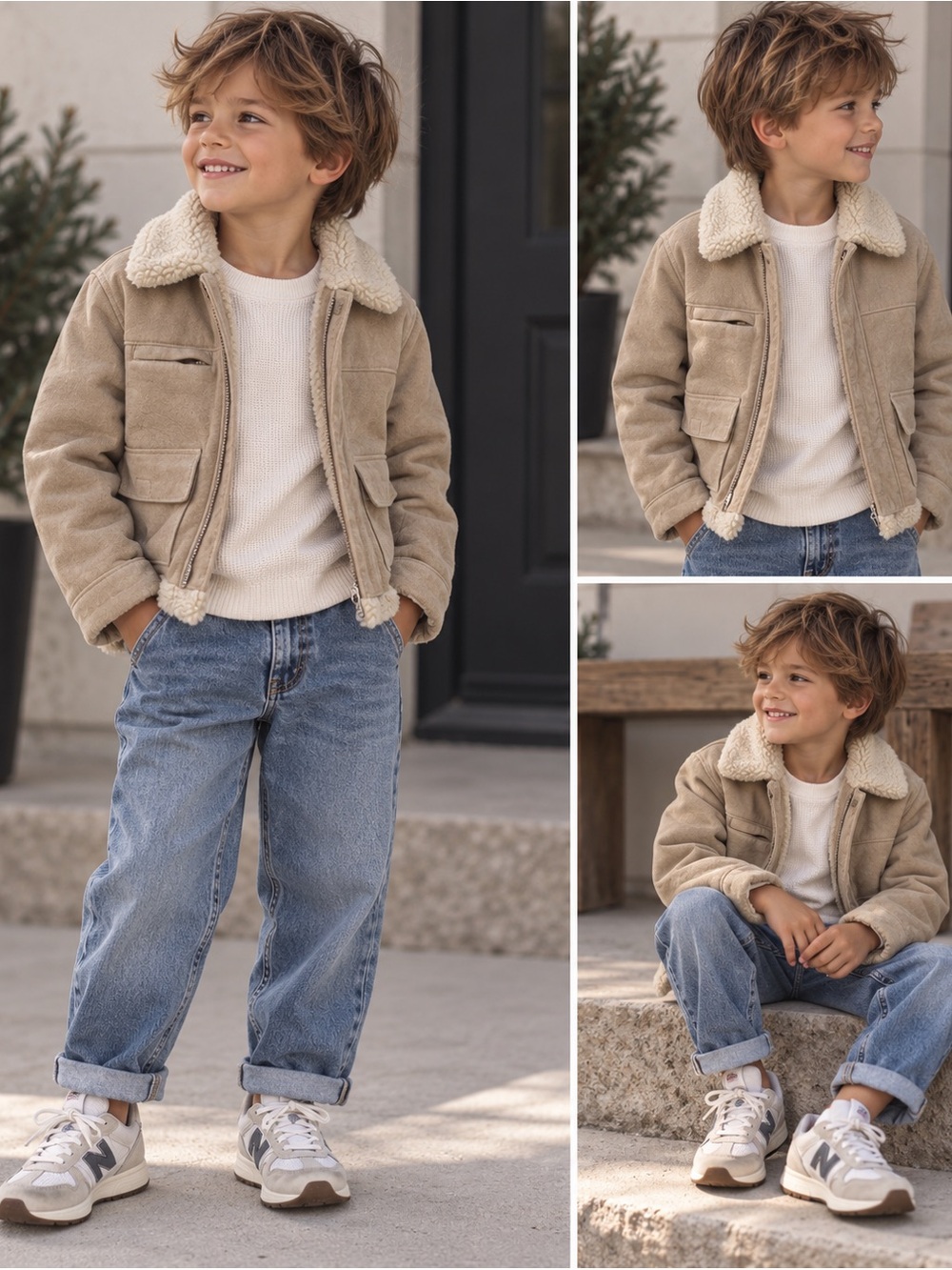 Vintage 100 Leather an Shearling‎ Jacket – Y2K aviator neutral suede look Boys S